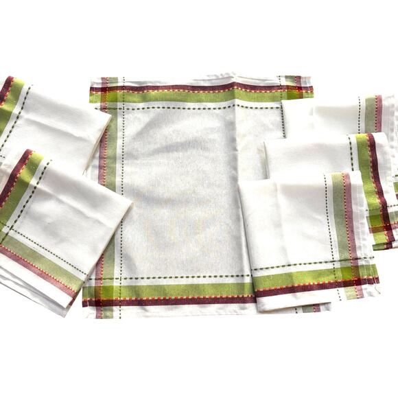Six Cotton Cloth Napkins Country Cabin Farmhouse casual style cream green red - Picture 4 of 7
